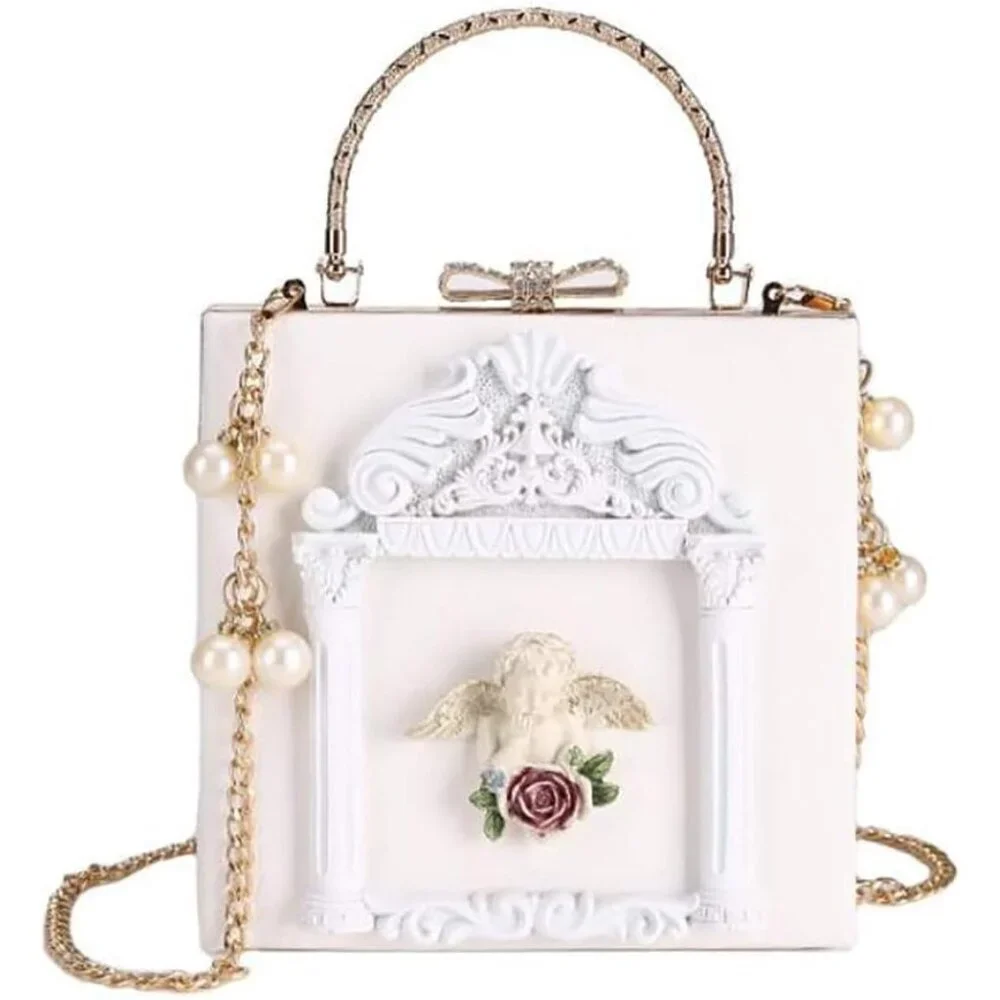 ⚡Women's White Gold Rose Embossed Love Angel Evening Formal Crossbody Clutch Bag